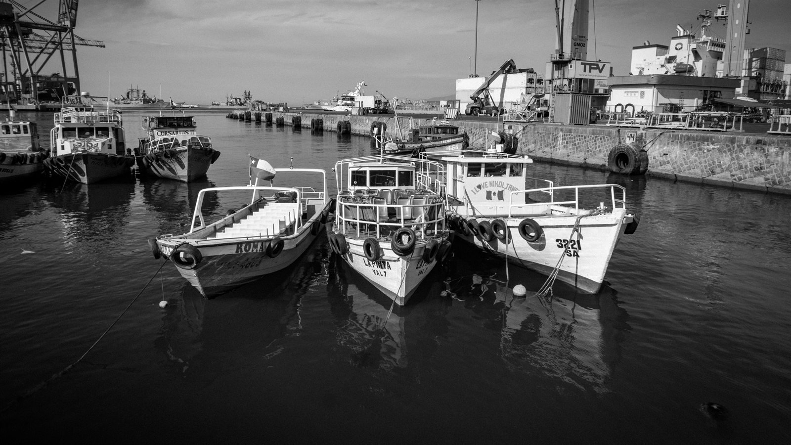 Barcos de pesca amarrados en un puerto industrial con grúas y contenedores al fondo.